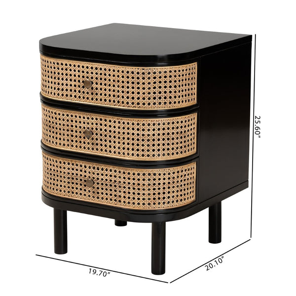 Baxton Studio bali Modern Bohemian 3-Drawer Nightstand Table in Black Bayur Wood & Rattan – Stylish Storage Solution CMO4-End Table