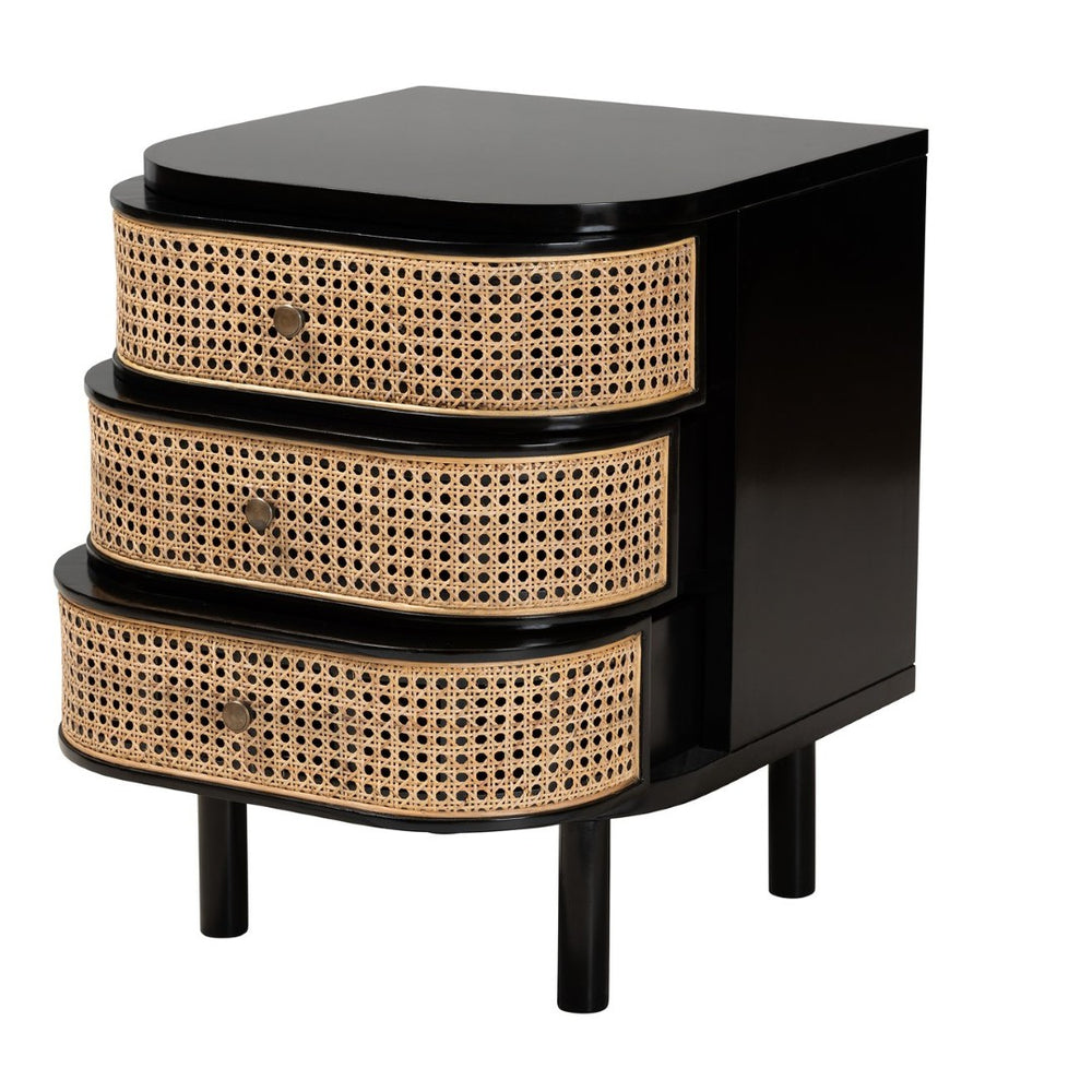 Baxton Studio bali Modern Bohemian 3-Drawer Nightstand Table in Black Bayur Wood & Rattan – Stylish Storage Solution CMO4-End Table