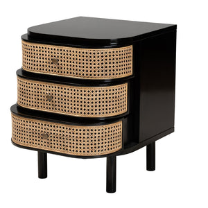 Baxton Studio bali Modern Bohemian 3-Drawer Nightstand Table in Black Bayur Wood & Rattan – Stylish Storage Solution CMO4-End Table