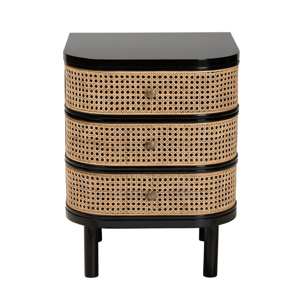 Baxton Studio bali Modern Bohemian 3-Drawer Nightstand Table in Black Bayur Wood & Rattan – Stylish Storage Solution CMO4-End Table