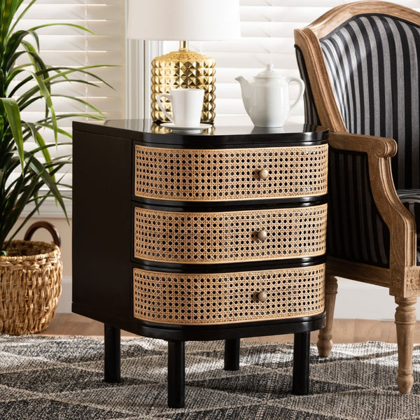 Baxton Studio bali Modern Bohemian 3-Drawer Nightstand Table in Black Bayur Wood & Rattan – Stylish Storage Solution CMO4-End Table