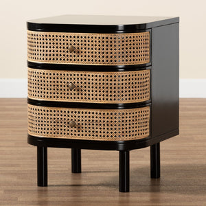 Baxton Studio bali Modern Bohemian 3-Drawer Nightstand Table in Black Bayur Wood & Rattan – Stylish Storage Solution CMO4-End Table