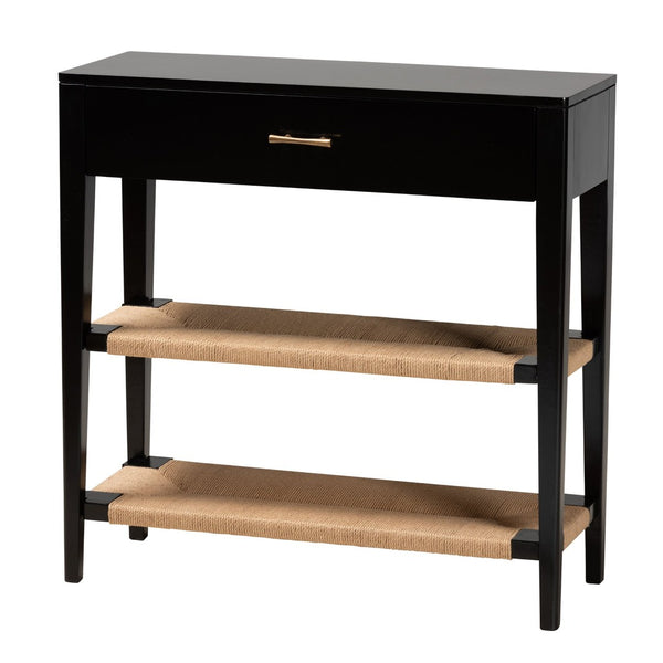 Baxton Studio bali Freya Modern Bohemian Console Table in Black Bayur Wood with 1 Drawer & Woven Rope Shelves FIB3-Console