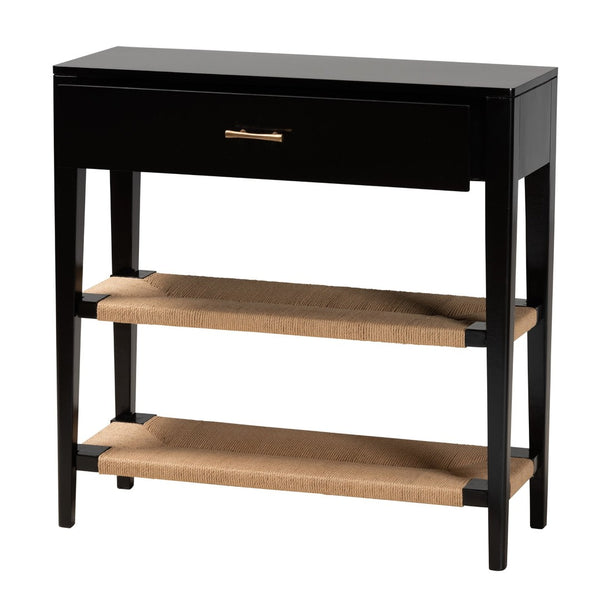 Baxton Studio bali Freya Modern Bohemian Console Table in Black Bayur Wood with 1 Drawer & Woven Rope Shelves FIB3-Console