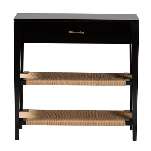 Baxton Studio bali Freya Modern Bohemian Console Table in Black Bayur Wood with 1 Drawer & Woven Rope Shelves FIB3-Console