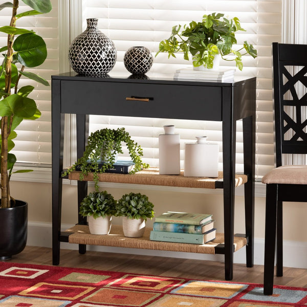 Baxton Studio bali Freya Modern Bohemian Console Table in Black Bayur Wood with 1 Drawer & Woven Rope Shelves FIB3-Console