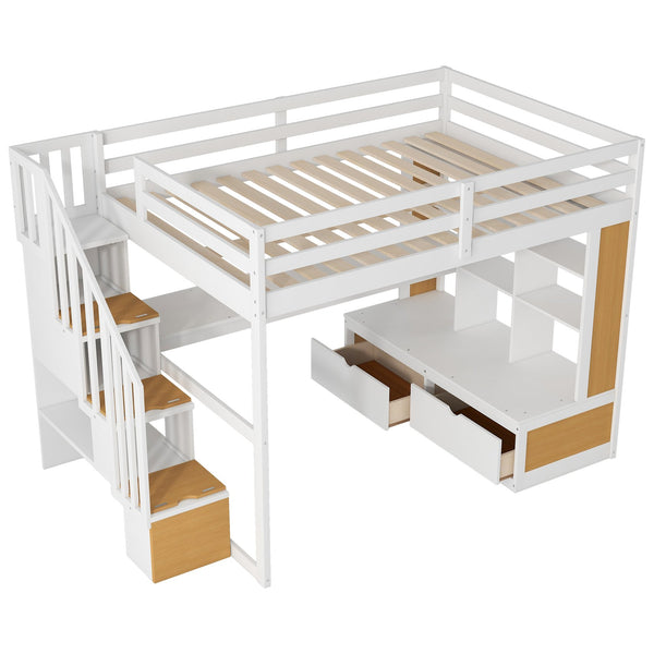 English Elm Full Full Size Loft Bed with Desk, Shelves, Two Drawers and Storage Staircase in Warm Wood Finish Natural+White GX000397AAD