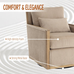 English Elm Corduroy Swivel Barrel Chair with Removable Cushion 360° Metal Base Sturdy Hardwood Frame Cozy Lounge Seat Camel W395P209394