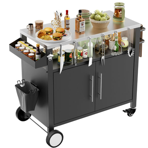 English Elm Two Door Outdoor Grill Cart with Stainless Steel Top Spice Rack and Locking Wheels W3190P271566