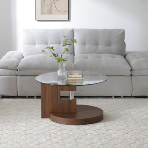 English Elm Modern Round Glass Top Coffee Table with Wood Mdf Base and Open Lower Shelf Walnut,Warm Grey W1117P272167