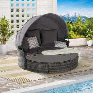 English Elm 5 Piece Outdoor Wicker Daybed Set with Retractable Canopy and Quick Dry Cushions Dark Gray W874S00035