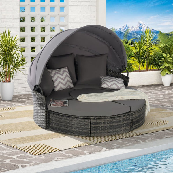 English Elm 5 Piece Outdoor Wicker Daybed Set with Retractable Canopy and Quick Dry Cushions Dark Gray W874S00035