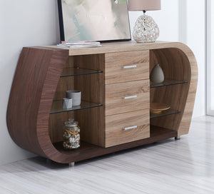 English Elm TONY Buffet in Brown Beige Oak Finish – Contemporary Solid Wood & MDF Sideboard with Glass, 3 Drawers, Open Shelves and Spacious Storage B201P215785