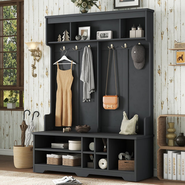 English Elm Modern Hallway Hall Tree with Bench, 6 Metal Hooks & Shoe Cubbies, Spacious Entryway Organizer Black W1580P327017