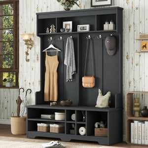 English Elm Modern Entryway Hall Tree with Six Hooks Bench Seat and Open Shoe Cubbies Black W1580S00618