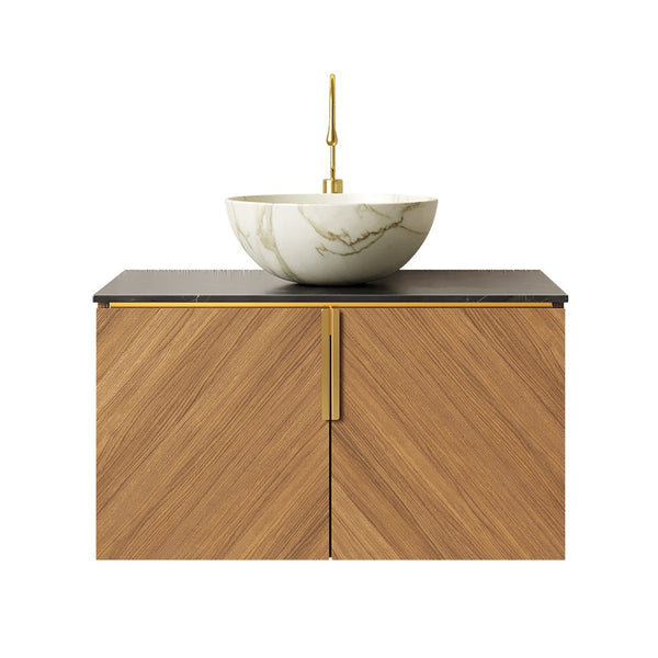 English Elm Muri Floating Bathroom Vanity Plywood Cabinet Sintered Stone Top Oak Drawer W2615S00545