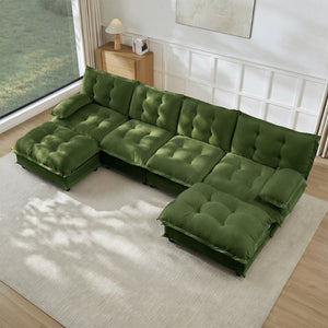 English Elm 138" U-shaped Chenille Cloud Sectional with Ottomans Deep Seat Modular Living Room Sofa Green W714S01733