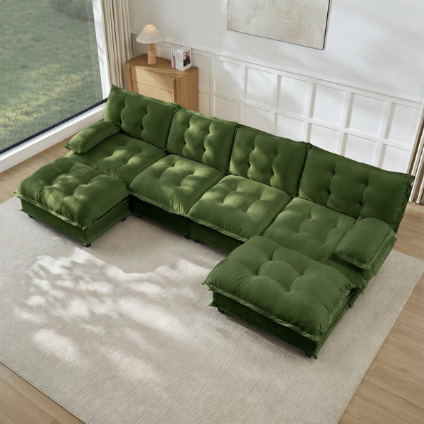 English Elm 138" U-shaped Chenille Cloud Sectional with Ottomans Deep Seat Modular Living Room Sofa Green W714S01733