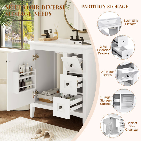 English Elm 30 Inch Bathroom Vanity with Ceramic Sink and 3 Smooth-Glide Drawers, Modern Moisture-Resistant Storage White N710P252105K