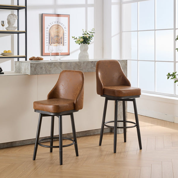 English Elm Swivel Swivel Bar & Counter Stools Set Of 2 - Adjustable 24" To 30", Stylish Brown Pu Leather, Modern Design W1805P166957-GIGA