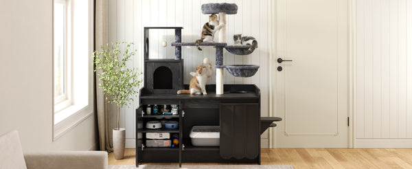 English Elm 50.6" Modern Cat Tower with Hidden Litter Enclosure Sisal Posts and Dual Hammocks N704P443505B