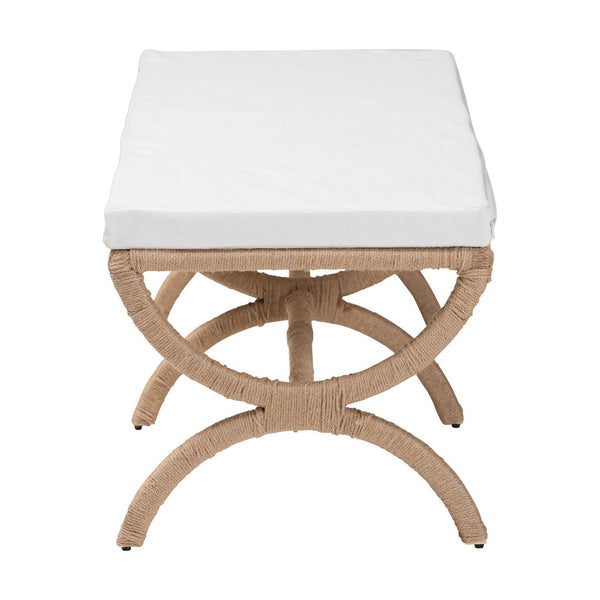 English Elm Japandi Woven Jute Bench with Sculptural Hourglass Legs for Entryway or Bedroom B2750P467806