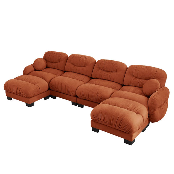 English Elm Pleated Chenille U-shape Modular Sectional Sofa with Ottomans and Ergonomic Foam Cushions Orange W5656S00072