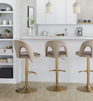 English Elm Adjustable Swivel Barstools Set of 2 White Fabric Padded Seats Chrome Base Taupe B202S01956