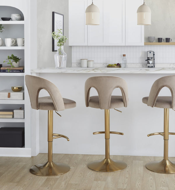 English Elm Adjustable Swivel Barstools Set of 2 White Fabric Padded Seats Chrome Base Taupe B202S01956