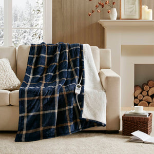 English Elm 1-piece Aztec Heated Throw with 12 Settings Auto Shutoff Soft Ivory Boho Blanket Navy Multi B035P408332