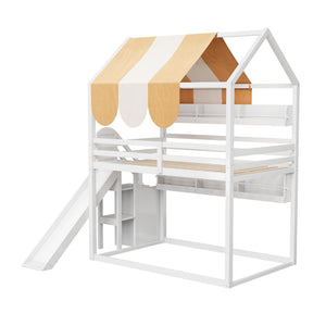 English Elm Full Size Wood Loft Bed with Canopy Slide and Built in Bookshelves for Kids White N7090005021K