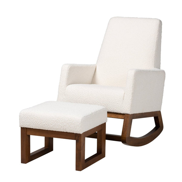 Baxton Studio Baxton Yashiya Mid-Century Rocking Chair & Ottoman Set - Off-White Boucle & Walnut Finish Comfort BBT5199-Cream/Walnut Set