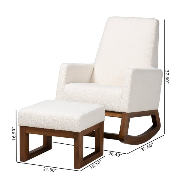 Baxton Studio Baxton Yashiya Mid-Century Rocking Chair & Ottoman Set - Off-White Boucle & Walnut Finish Comfort BBT5199-Cream/Walnut Set