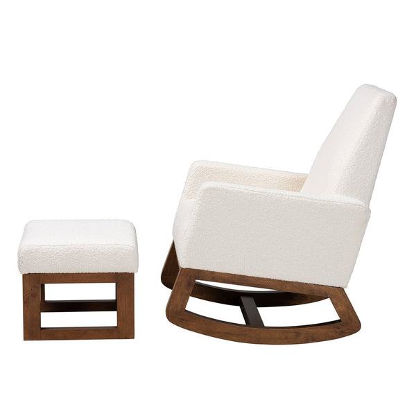 Baxton Studio Baxton Yashiya Mid-Century Rocking Chair & Ottoman Set - Off-White Boucle & Walnut Finish Comfort BBT5199-Cream/Walnut Set