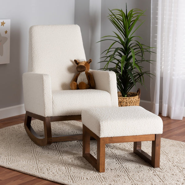Baxton Studio Baxton Yashiya Mid-Century Rocking Chair & Ottoman Set - Off-White Boucle & Walnut Finish Comfort BBT5199-Cream/Walnut Set