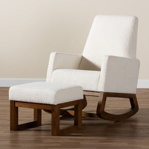 Baxton Studio Baxton Yashiya Mid-Century Rocking Chair & Ottoman Set - Off-White Boucle & Walnut Finish Comfort BBT5199-Cream/Walnut Set