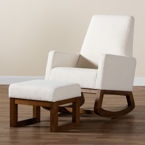 Baxton Studio Baxton Yashiya Mid-Century Rocking Chair & Ottoman Set - Off-White Boucle & Walnut Finish Comfort BBT5199-Cream/Walnut Set