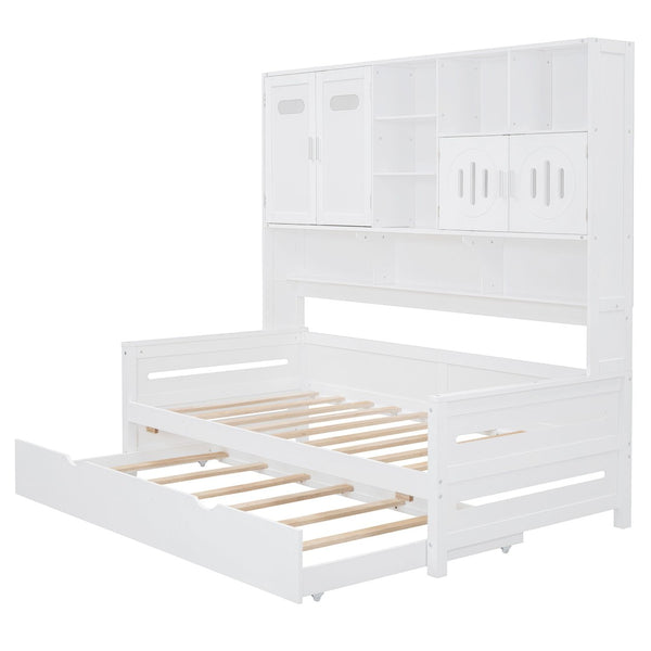 English Elm Twin Size Daybed With Trundle & Integrated Storage Shelf - Modern White Design For Kids & Teens N820S00026K-GIGA