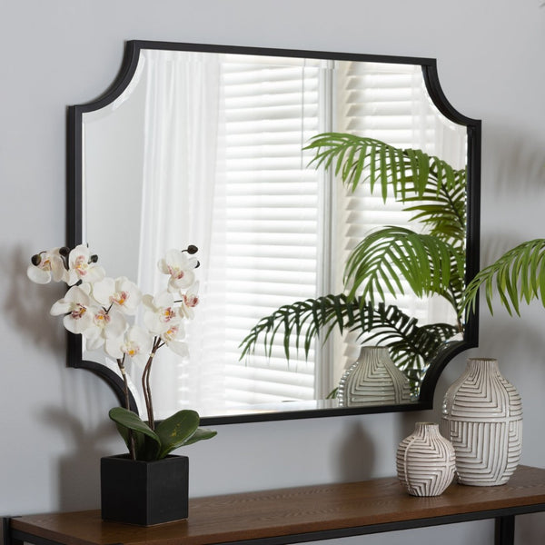 Baxton Studio Baxton Parcenet Modern Black Metal Accent Mirror - Stylish Scalloped Design, Versatile Hanging Options RXW-10148