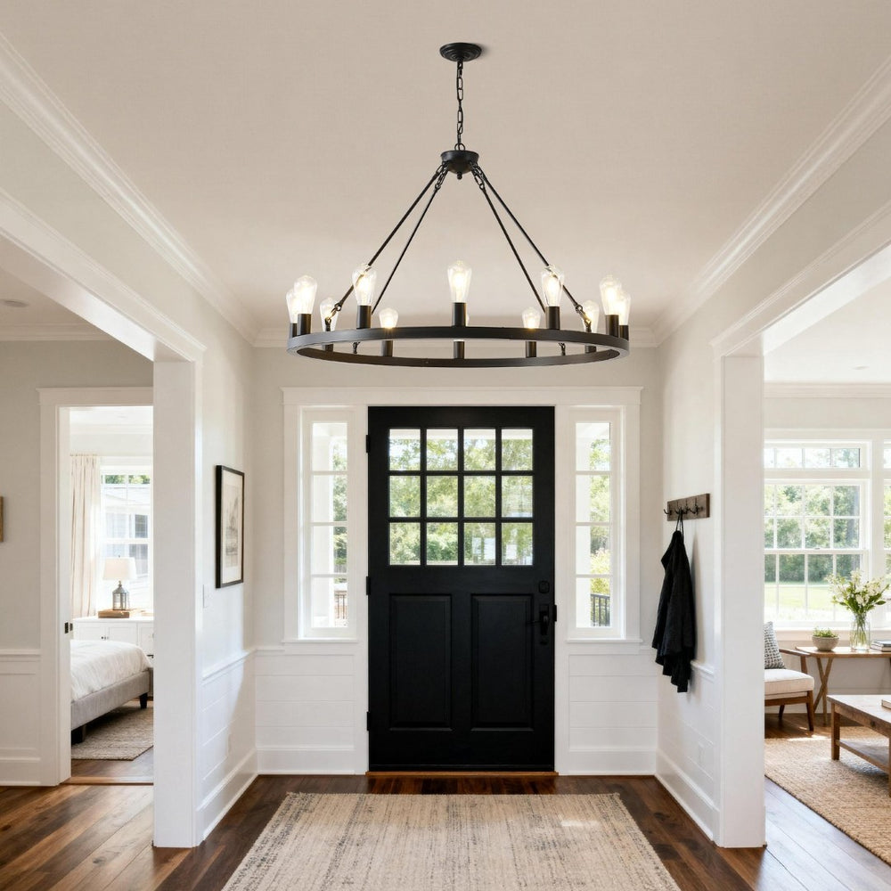 English Elm 39.4 Inch Wagon Wheel Chandelier 12-light Matte Black Farmhouse Pendant for Foyer Dining W5008P389282