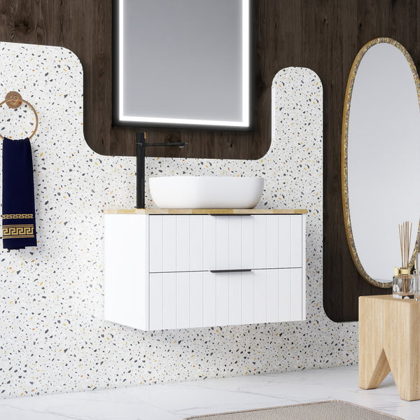 English Elm 32-Inch Wall-Mounted Bathroom Vanity: Modern White Cabinet, Solid Wood Top, Double Drawer Storage W3151S00012