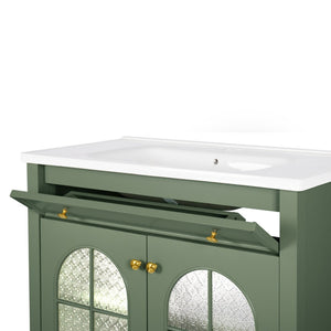 English Elm 35.6" Freestanding Bathroom Vanity with Roman Column Base and Ceramic Integrated Sink Green W1801S00014