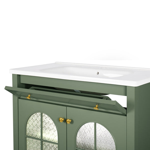 English Elm 35.6" Freestanding Bathroom Vanity with Roman Column Base and Ceramic Integrated Sink Green W1801S00014