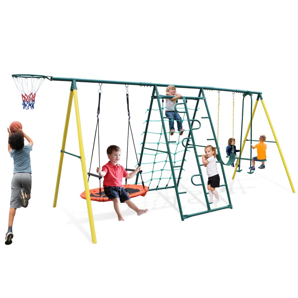 English Elm 2 in 1 Kids Outdoor Steel A-frame Backyard Swing Set with Saucer and Belt Seats W1408P163259