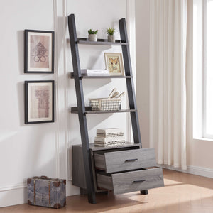 English Elm Two drawer ladder bookcase with two-tone distressed grey & black, 4 shelves, 2 drawers, aluminum bar handles, leaning design stability B107P295241