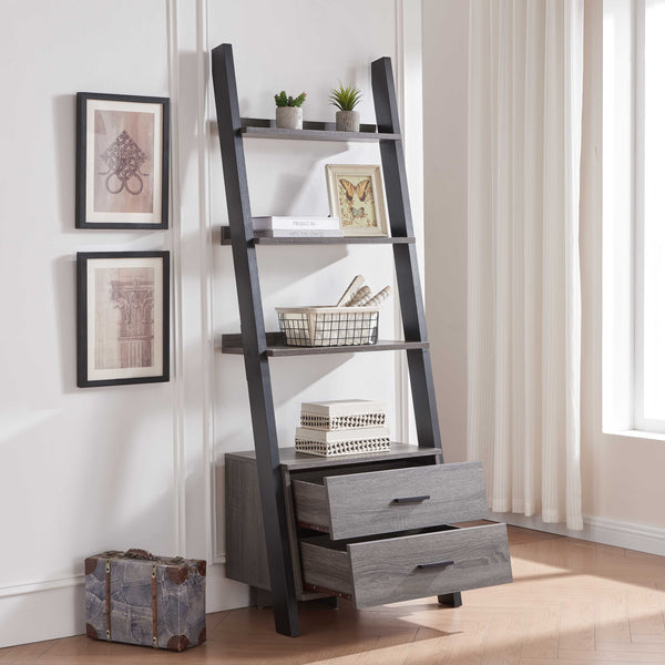 English Elm Two drawer ladder bookcase with two-tone distressed grey & black, 4 shelves, 2 drawers, aluminum bar handles, leaning design stability B107P295241