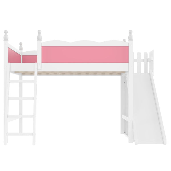 English Elm Queen Loft Bed With Fun Slide, Storage Shelves, Solid Wood Construction, Pink & White Finish, Easy Assemble W1580S00248-GIGA