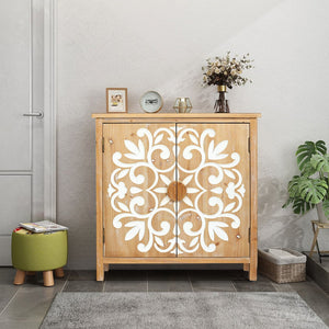 English Elm Rustic Wooden Accent Cabinet with Floral Carved Doors, Antique Brown White, Sturdy 2-Door Storage for Entryway, Dining Room, Living Room W2295P365012