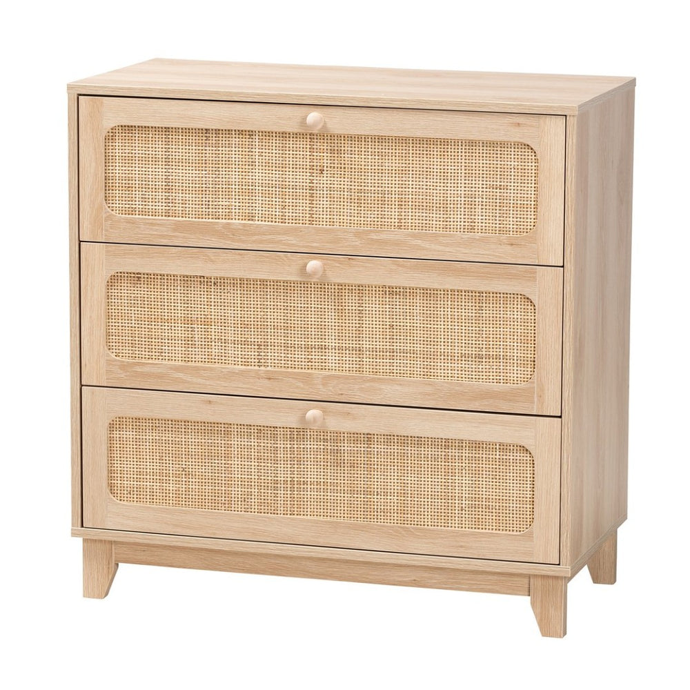 Baxton Studio Baxton Studio Elsbeth 3-Drawer Japandi Storage Cabinet in Oak Brown & Natural Rattan for Modern Homes LC22040703-Rattan-3DW Cabinet
