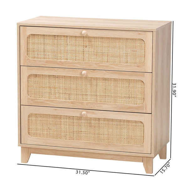 Baxton Studio Baxton Studio Elsbeth 3-Drawer Japandi Storage Cabinet in Oak Brown & Natural Rattan for Modern Homes LC22040703-Rattan-3DW Cabinet